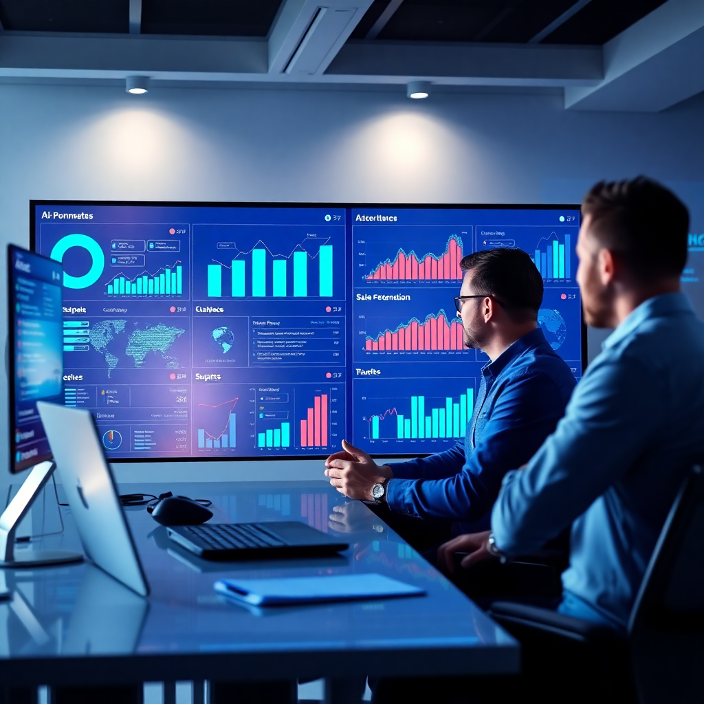 business team analyzing AI-powered sales dashboard with growth charts, automation workflow visualization, professional setting with ocean blue accent colors