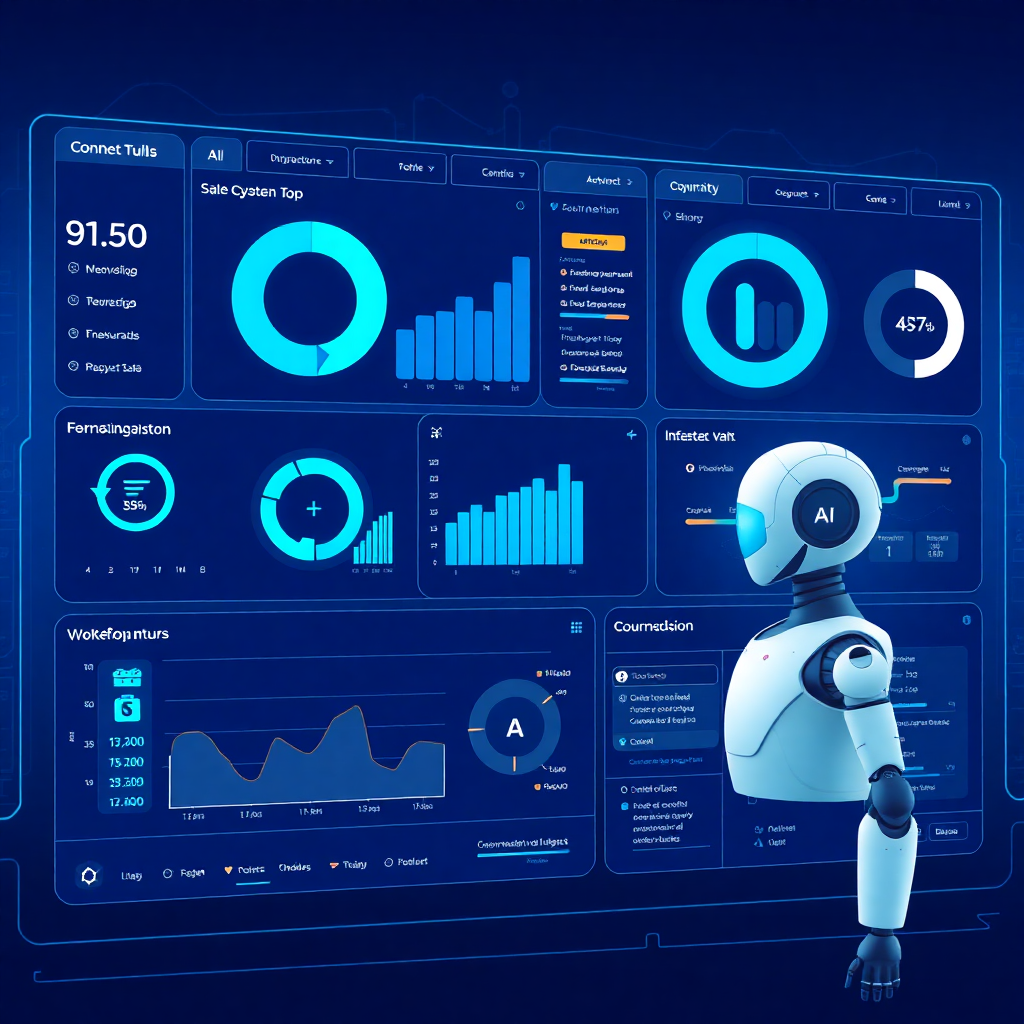 futuristic AI automation dashboard with sales data visualization, robot assistant, and workflow automation in ocean blue color scheme