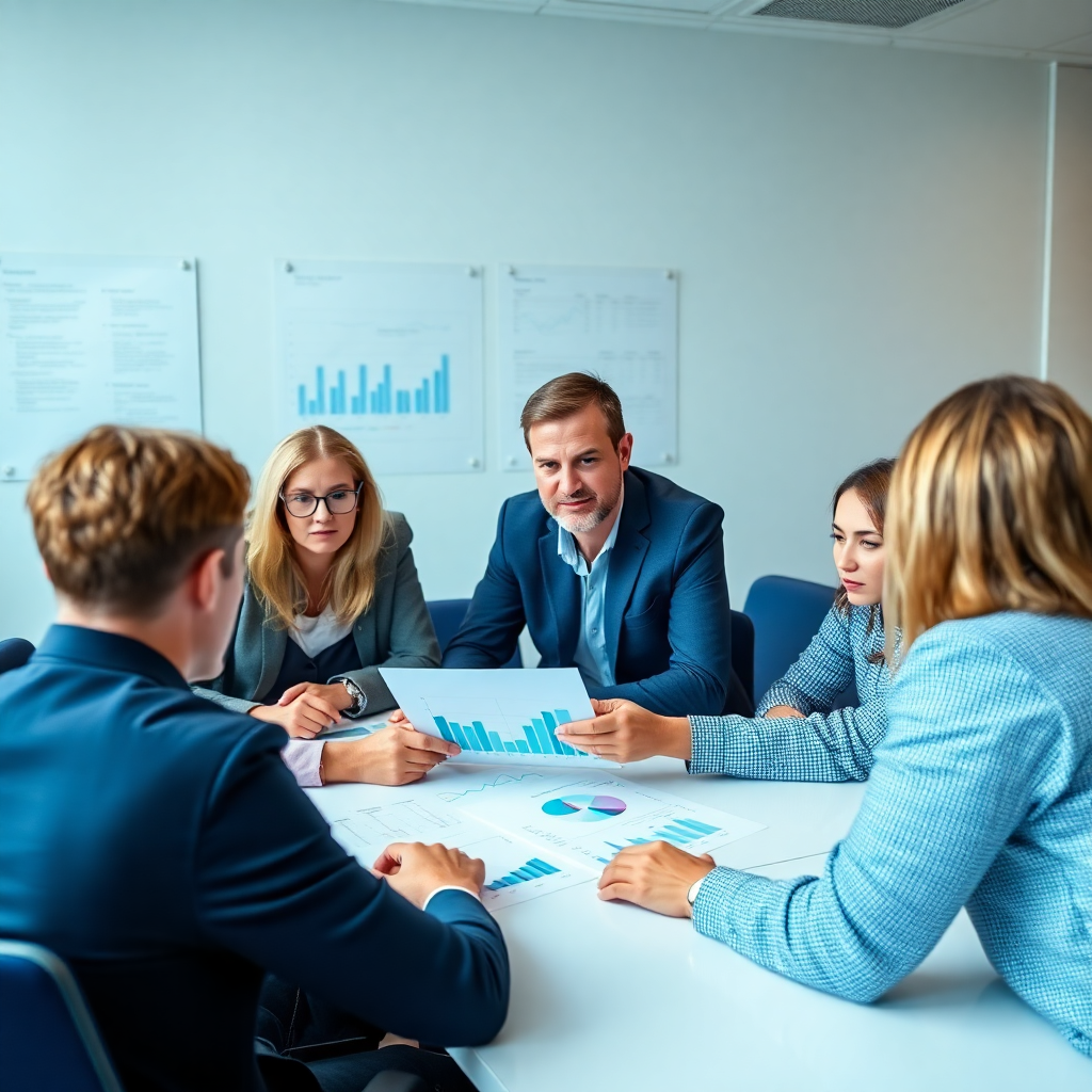 professional sales coach working with team members, analyzing performance charts, collaborative meeting environment, ocean blue color scheme