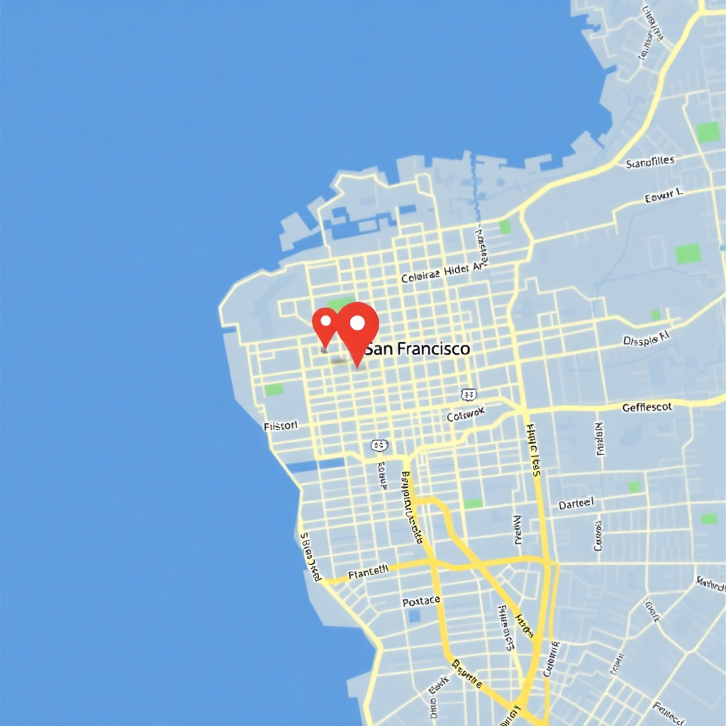 map of San Francisco business district with location pin, satellite view with streets