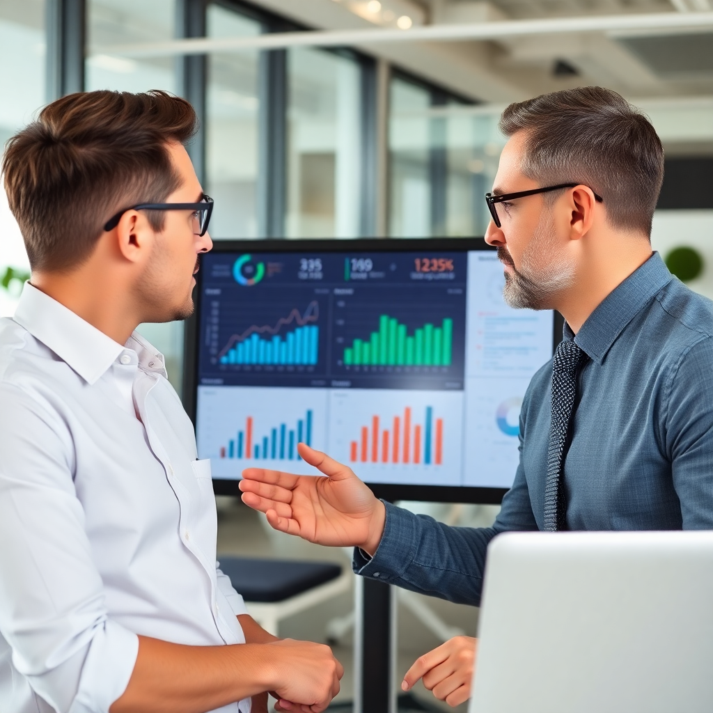 business professionals analyzing sales data on dashboard, showing growth charts, modern office setting